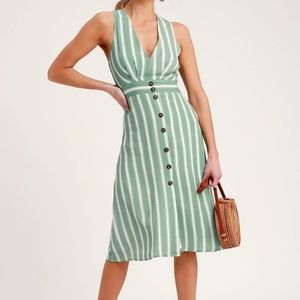 Lulus Sage Green & White Striped Button down midi dress size Small